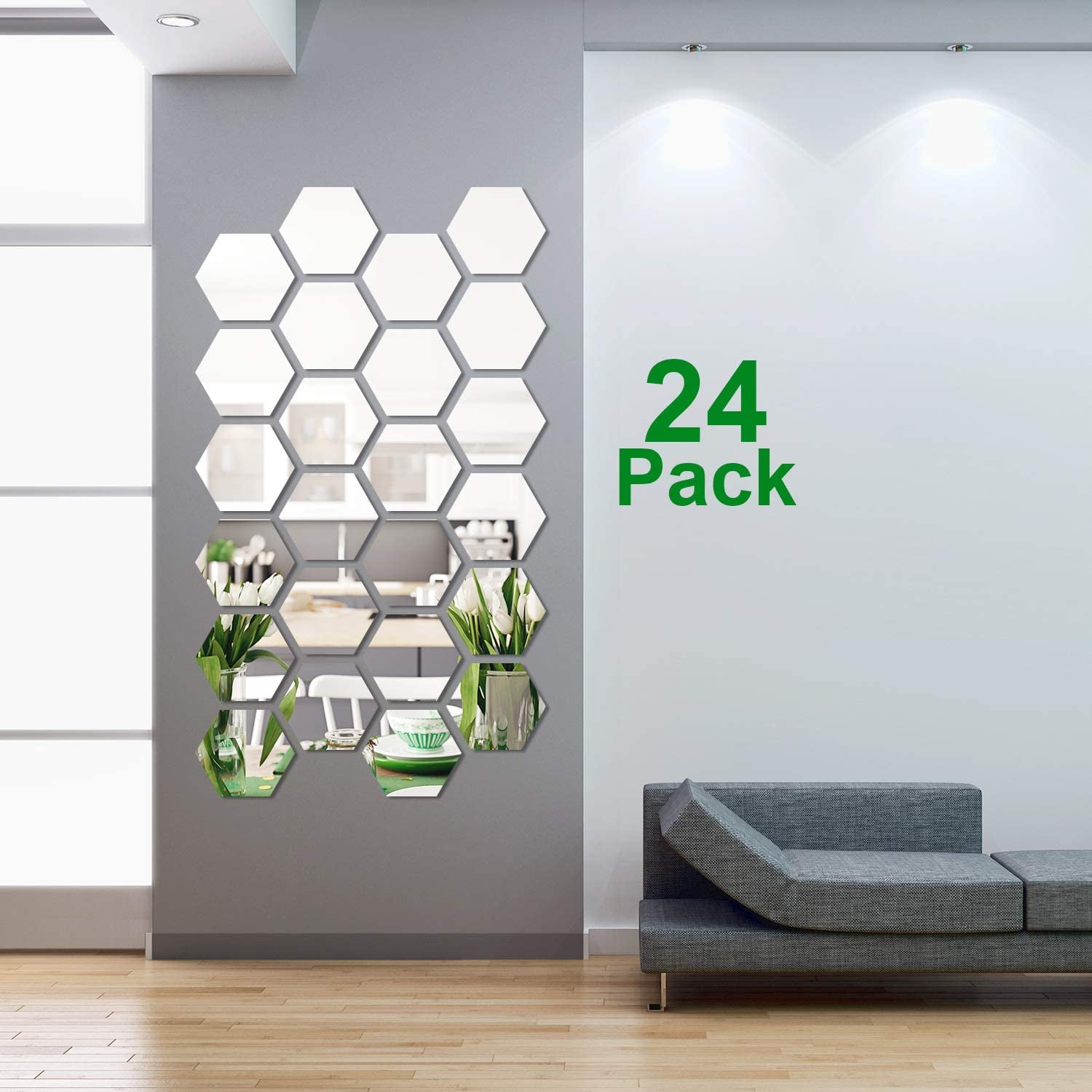 24* Hexagon Mirror Sticker Selfadhesive Mosaic Tiles Decorative Wall Sticker Art 