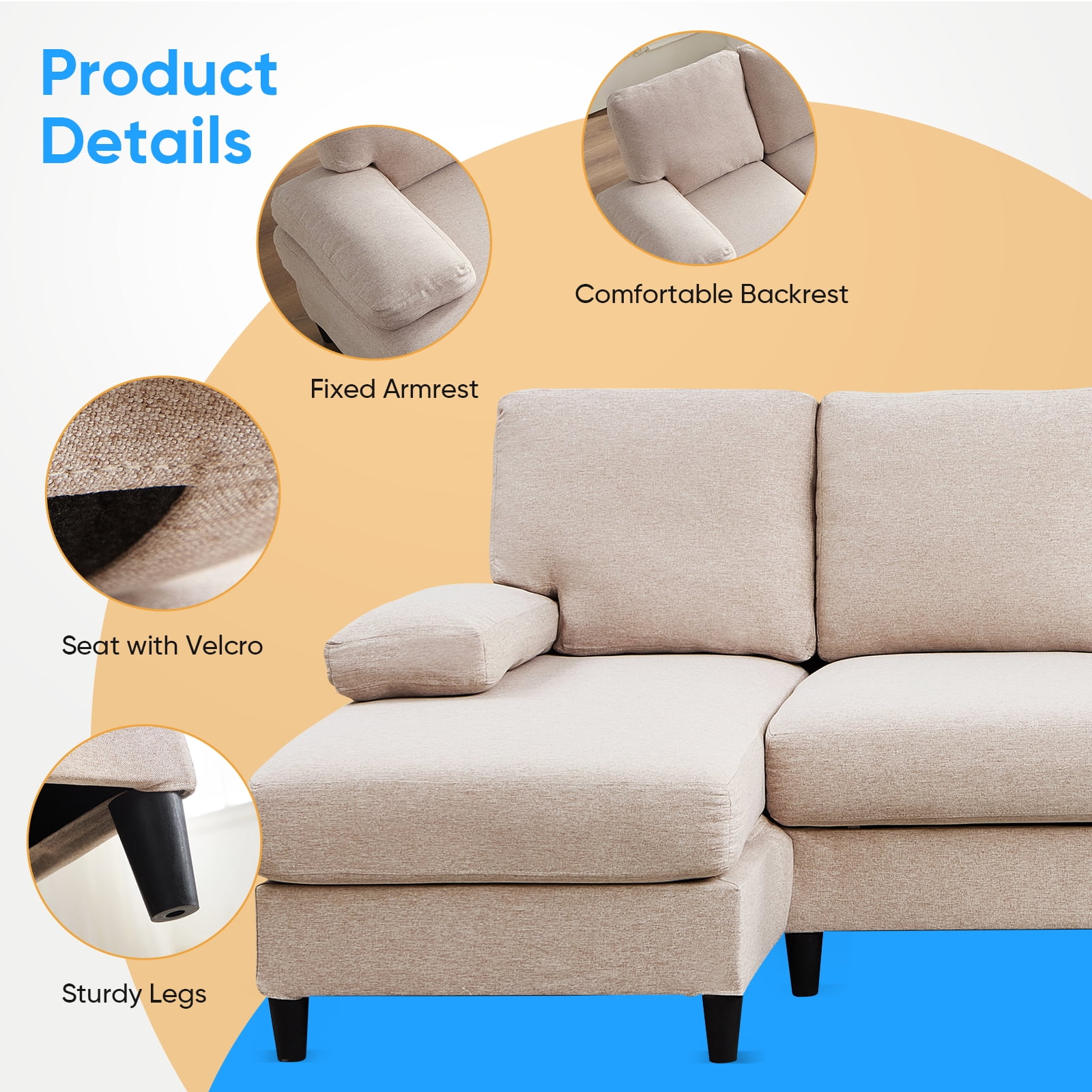 Mjkone U-Shaped Sectional Sofa, 4 Seater Sectional Couch with Chaise, Modular Sleeper Sectionals for Living Room-Beige