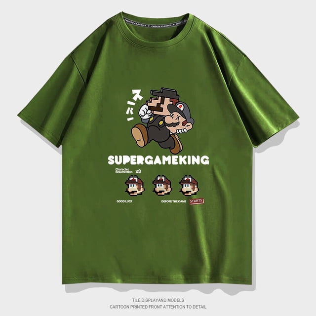 Camiseta de manga corta con cuello redondo para hombre y mujer, ropa de calle, camiseta holgada de algodón con dibujos animados de Super Mary zhangmengya LED