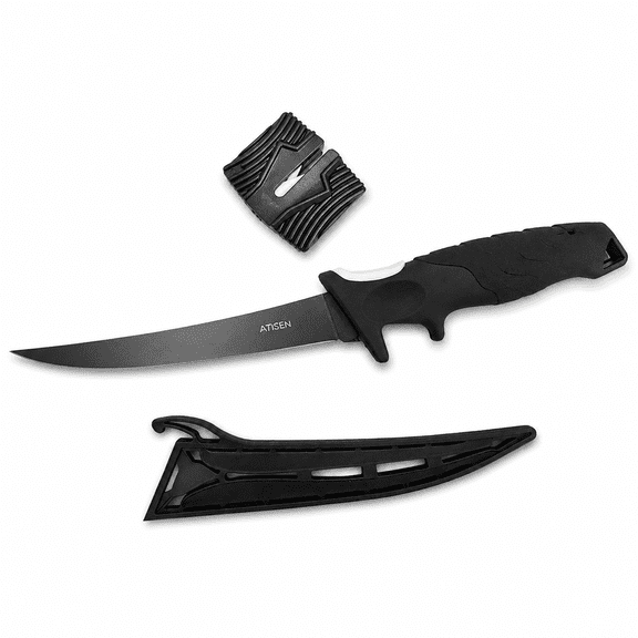 ATISEN 3-Piece 7-Inch Fish Fillet Knife Set, Stainless Steel Full Tang Blade, Non-Slip Handle, Protective Sheath & Sharpener, Black