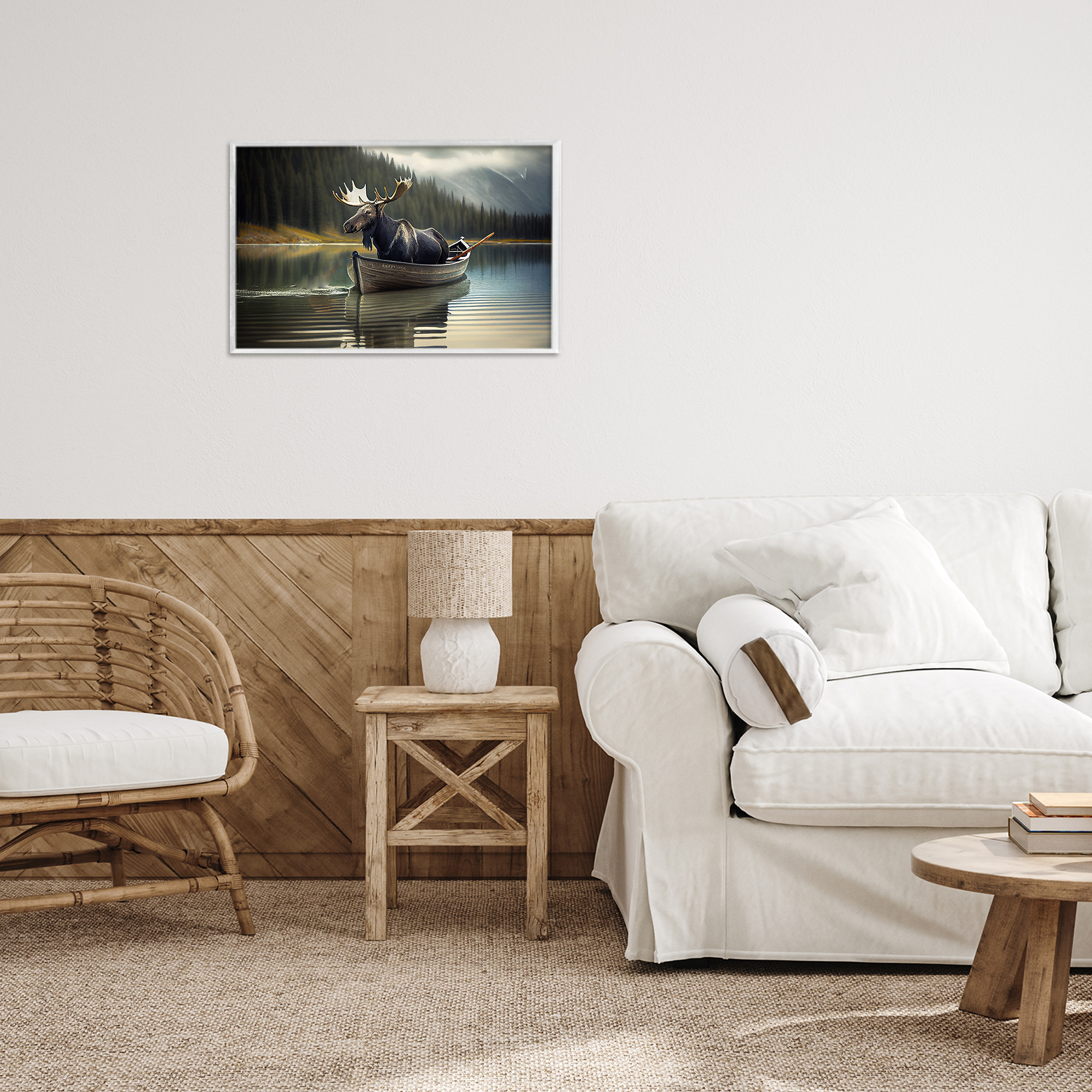 Moose in Canoe Tranquility White Framed Giclee Art, design by Sasha