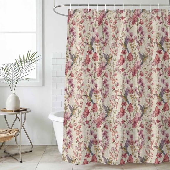 Pink Beige Flowers Standard Shower Curtain Set, Waterproof Shower Curtains for Bathroom, Spring Floral Elegant Pastoral Rustic Washable Fabric Bath Curtain for Bathtub with Hooks 72x72 Inches