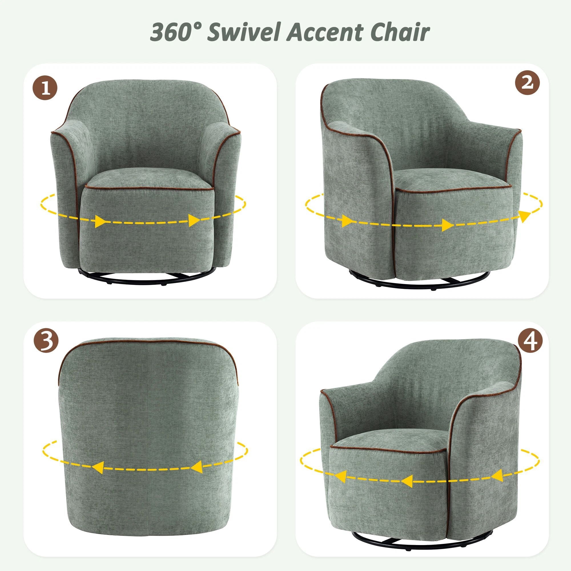 Euroco 360° Swivel Accent Chair, Chenille Upholstered Barrel Chair with Flared Arms, Modern Reading Armchair for Living Room, Bedroom and Office,Green