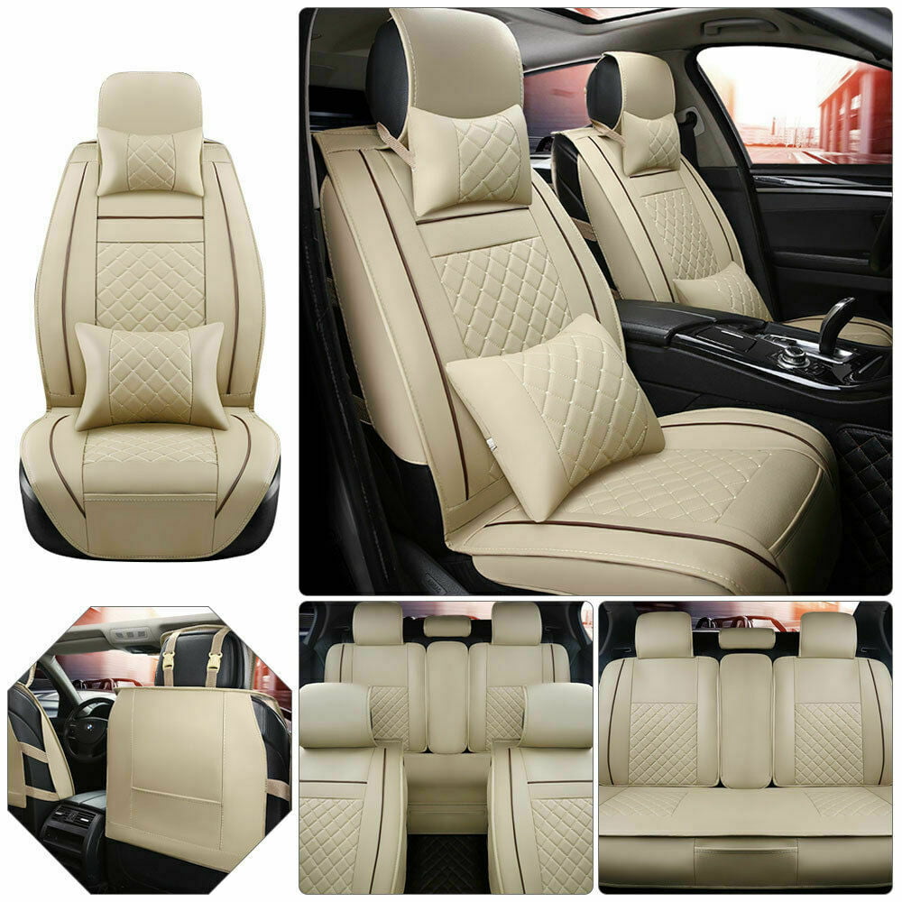 Full Set Beige Leather Car Seat Cover Protector Breathable wearproof 5 Seat Car 