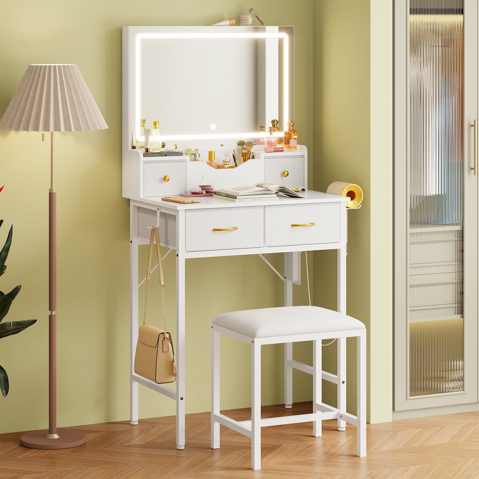 Tomnk White Vanity Desk with Mirror, LED Lights, Storage Shelves, Drawers & Chair