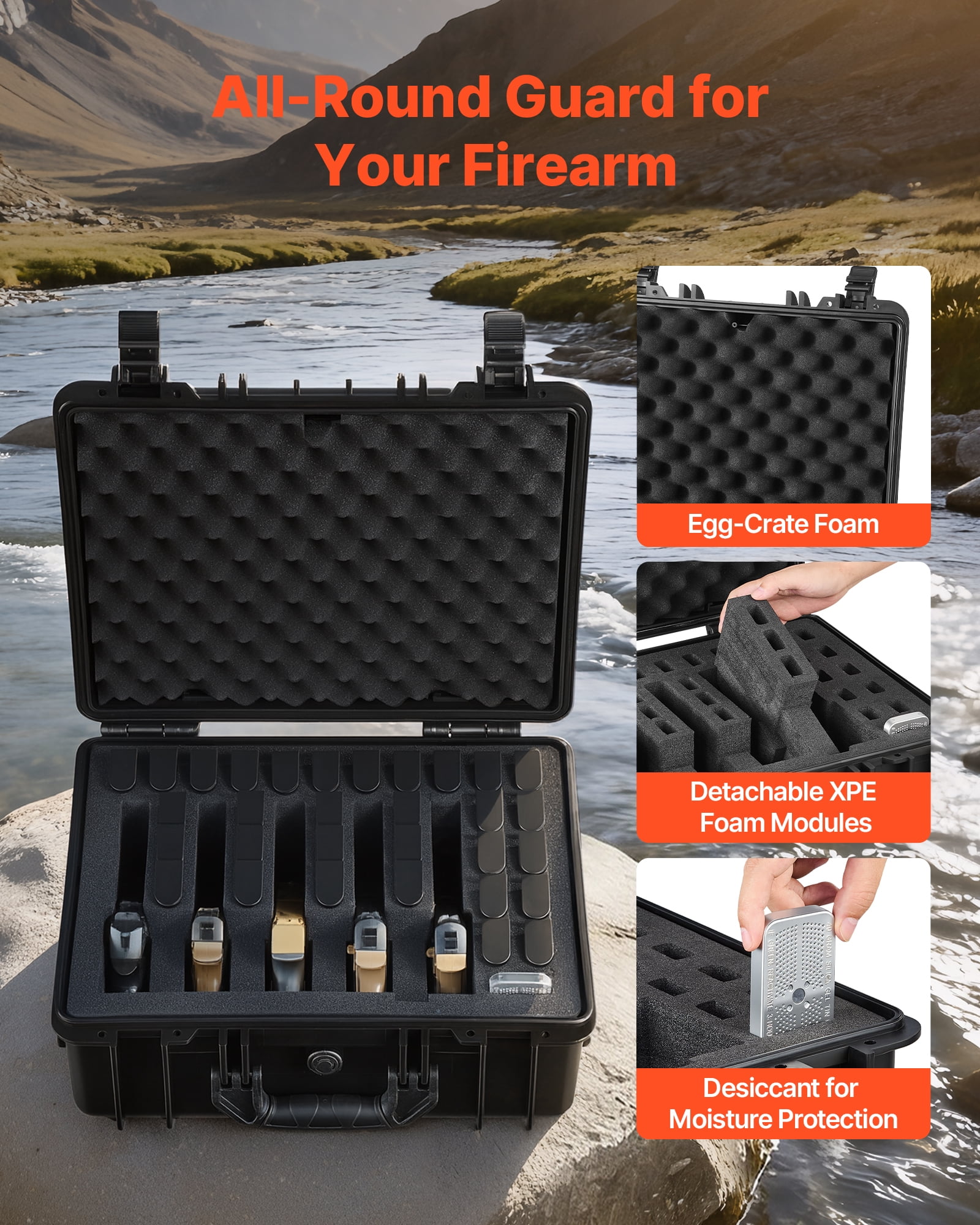 VEVOR Hard Pistol Case, Heavy Duty Hard Gun Case with XPE Foam Lining, Waterproof Pistol Storage Box with Customizable Interior & Handle for Gun, Lenses, Camera, Gear, TSA Compliant, 18.7x12.5x7.5 in