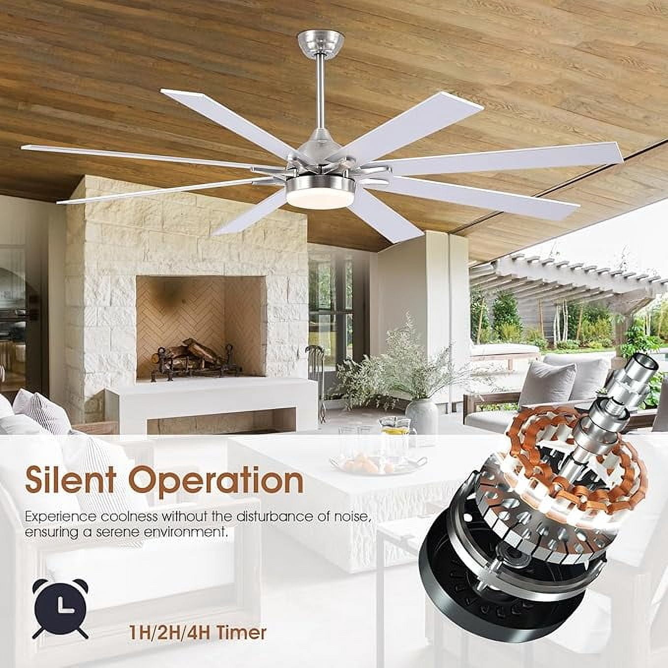 PHORUS 72" Modern Ceiling Fan with LED Light, Quiet Reversible Motor, 6-Speed Remote Control, Adjustable Height, Silver– For Large Rooms & Covered Patios