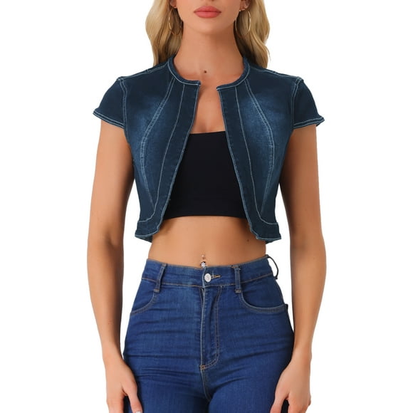 INSPIRE CHIC Women's Casual Crop Denim Cardigan Slim Fit Cap Sleeve Jean Jacket M Black Blue