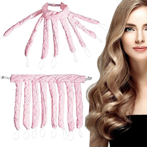 Rizador de pelo sin calor con diadema para rizos nocturnos, sin varillas de calor para ondas suaves en cabello largo, color rosa.