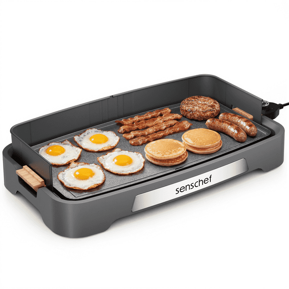 SENSCHEF 20 in Electric Griddle, 1700W Rapid Heating, Foldable Anti-Mess Shield, ILAG Nonstick, Dishwasher Safe, Wooden Black
