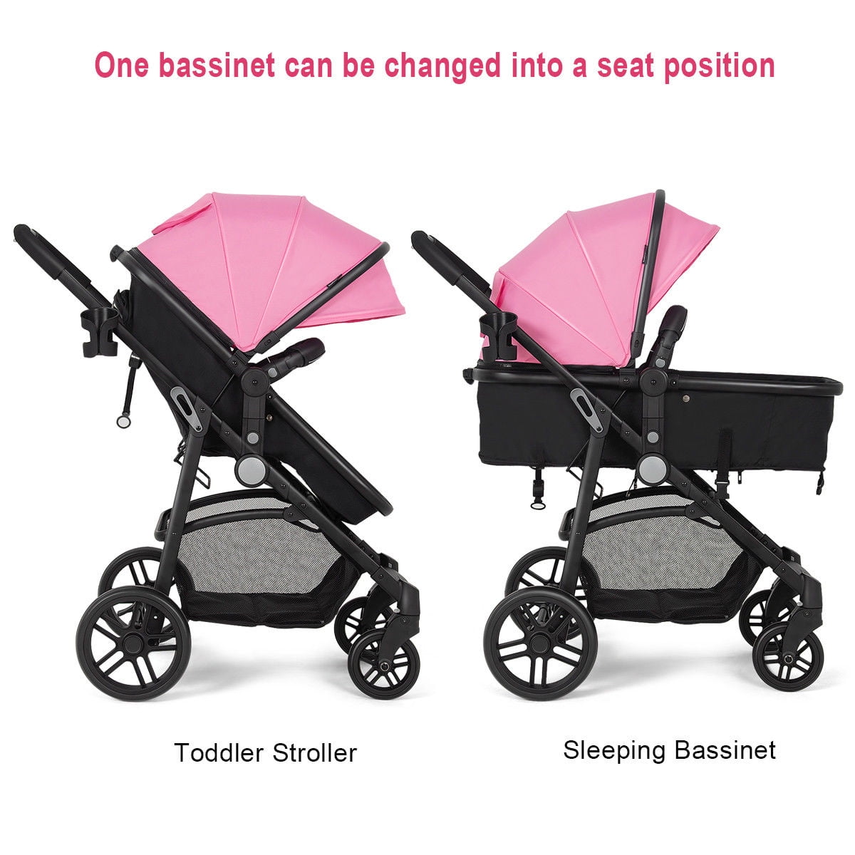 2 in 1 Convertible Carriage Bassinet to Stroller Pushchair with Foot Cover Deluxe Black 5-Point Harness Costzon Baby Stroller Large Storage Space Wheels Suspension Cup Holder 