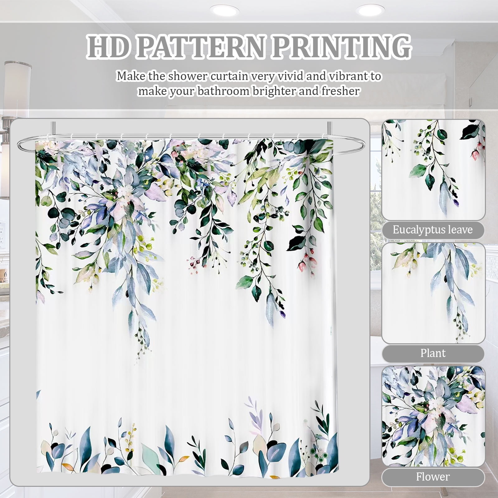 Dznils Blue Green Eucalyptus Fabric Shower Curtain, Watercolor Floral Pattern with Hooks, 72" x 72"