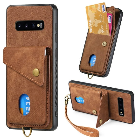 Nalacover for Samsung S10, Slim Case Wallet with Credit Card Holder, Back Flip Premium Leather Magnetic Clasp Kickstand Wirst Hand Strap Shockproof Cover for Samsung Galaxy S10, Brown
