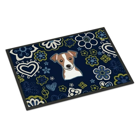 18 x 27 in. Blue Flowers Jack Russell Terrier Indoor or Outdoor Mat