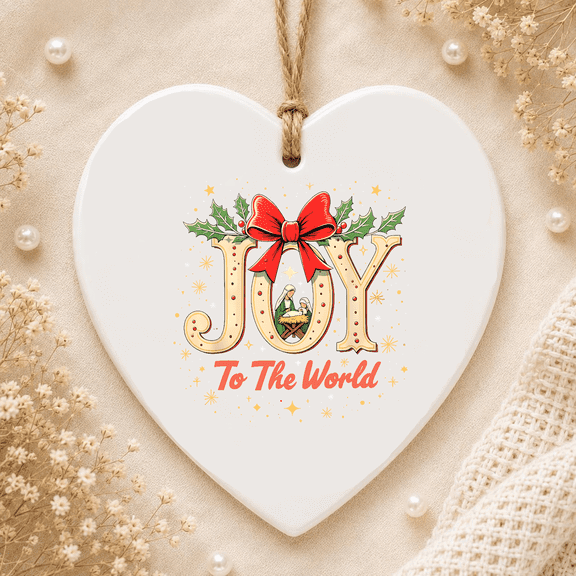 Joy To The World Nativity Christmas Religious Holiday 2D FLAT HEART Ceramic Ornament