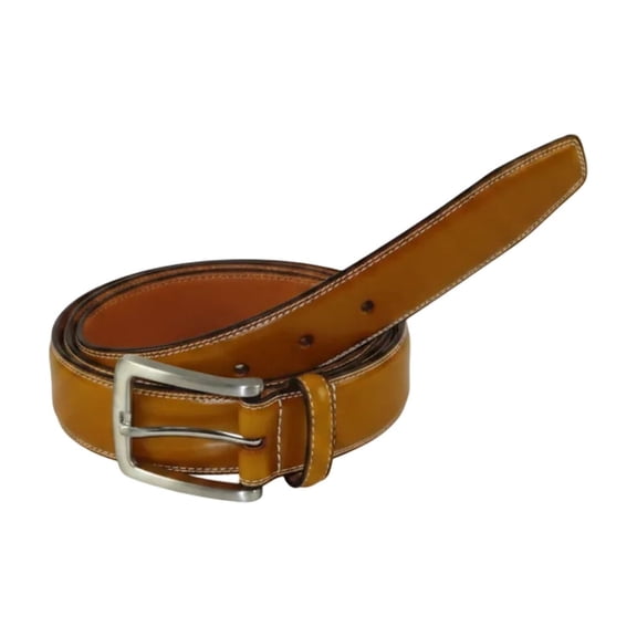 Men VALENTINI Stitched Leather Belt Classic Pin Buckle V711 Tan