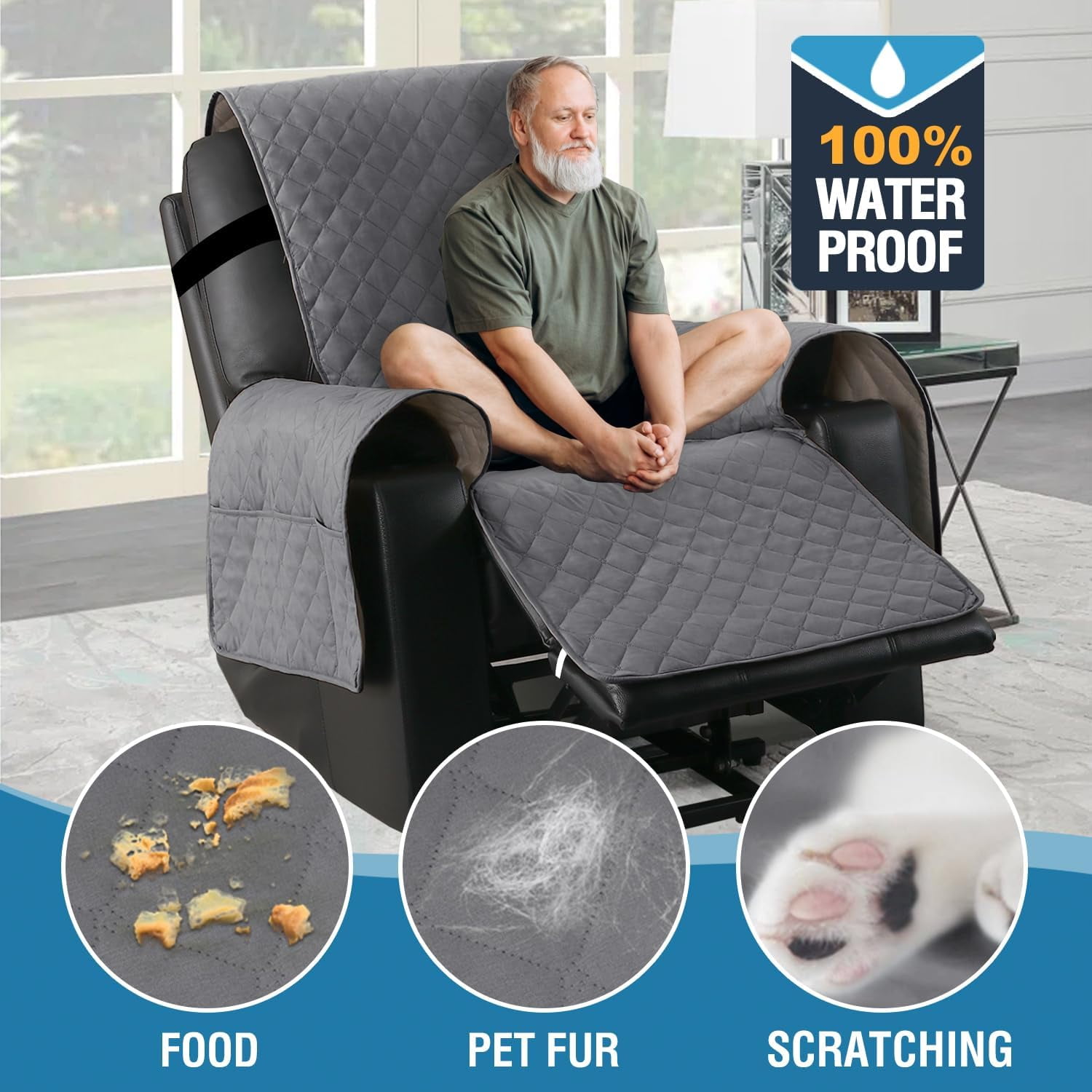 DEFNES Power Lift Recliner Chair Cover Waterproof Non Slip with Pockets Gray Walmart