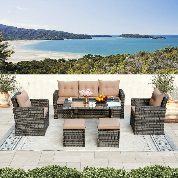 ESSENTIAL LOUNGER 6 Pieces Patio Furniture Sets, Outdoor Patio Dining Sofa Set Sectional Sofa