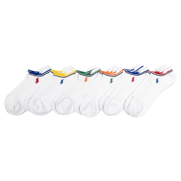 Polo Ralph Lauren Men's Athletic Performance Cotton Low Cut Socks-6 Pair Pack-Breathable Mesh & Sport Moisture Wicking, White Stripes, 6-12.5