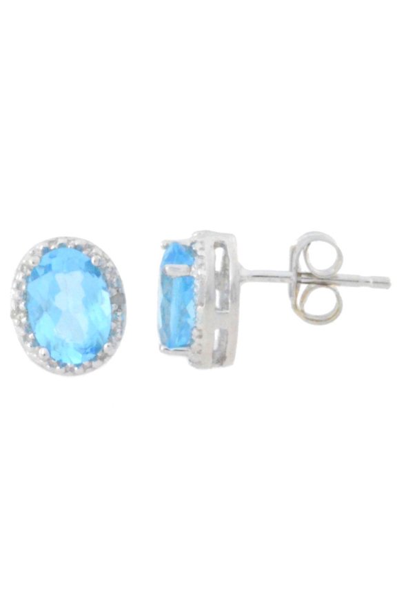 14Kt White Gold Blue Topaz & Diamond Oval Stud Earrings