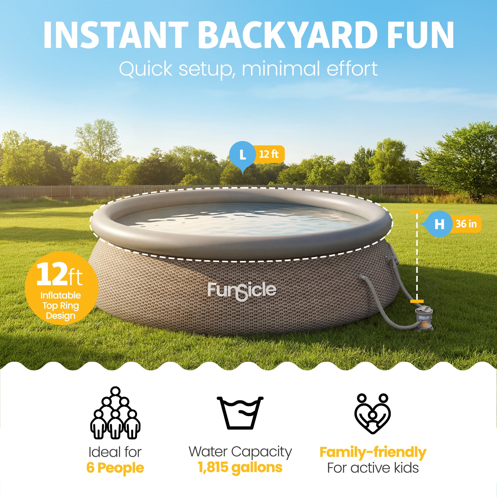 Funsicle Quickset 12’ x 36” Round Inflatable Top Ring Above Ground Swimming Pool Set