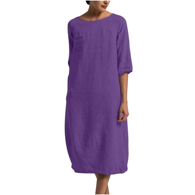 RKSTN Robe Maxi pour Femme Grande Taille Robe d'Été Simple Coton-Lin Col Rond Robe de Plage Manches Courtes Plissée Ligne A Robe Midi