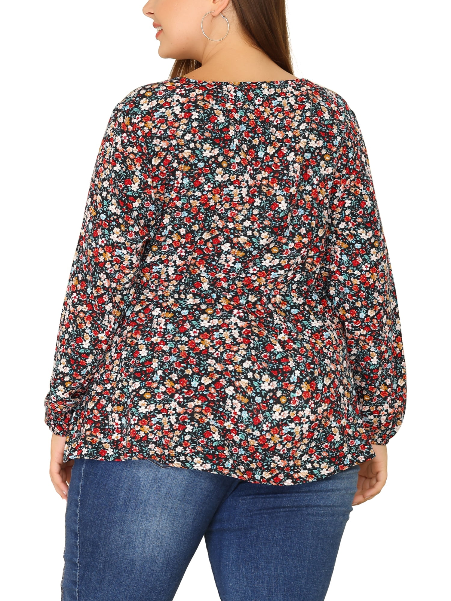 DARING DIVA Women's Plus Size Floral Print Long Sleeve Belt Tie Peplum Top 4X Black