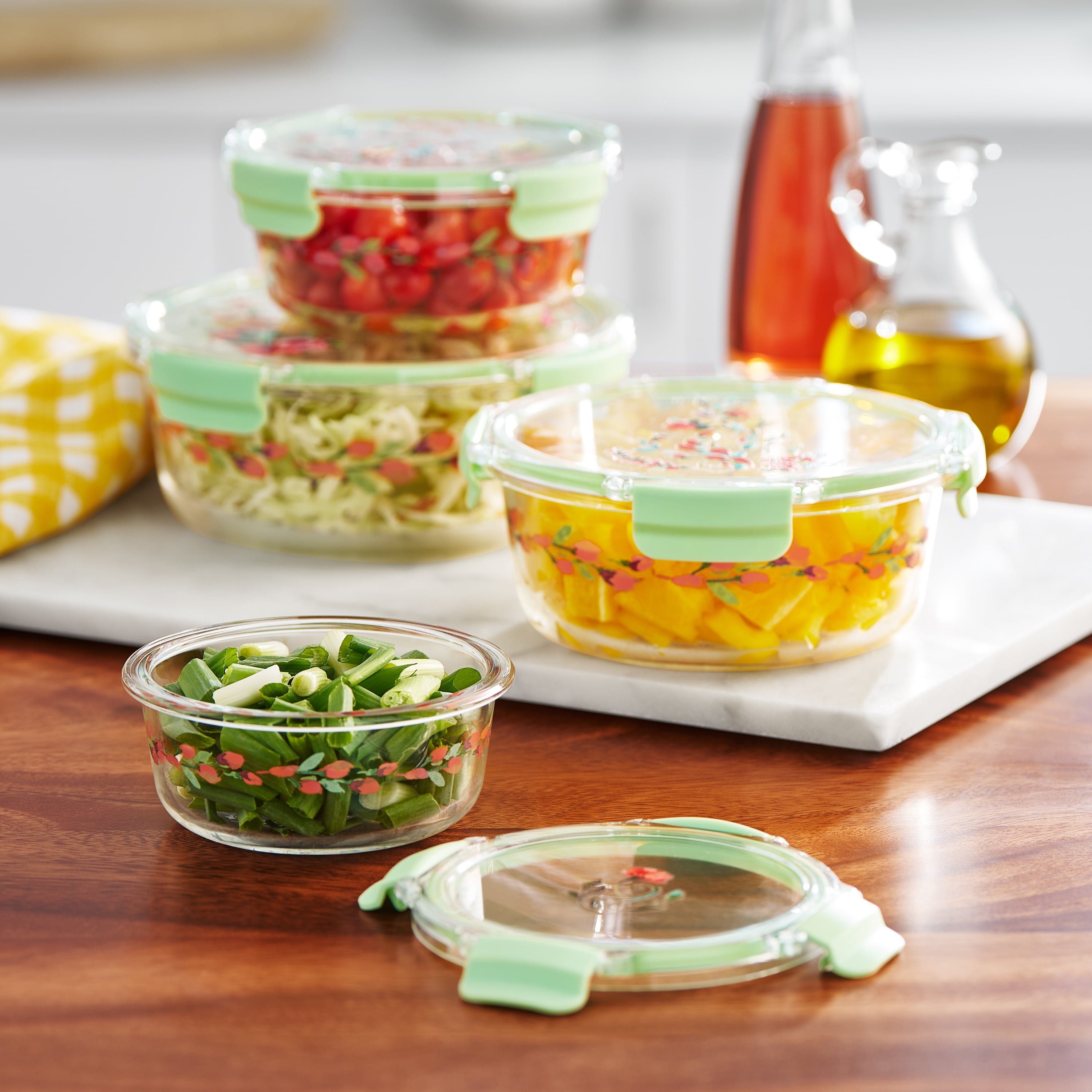 The Pioneer Woman Painted Meadow Round Glass Food Storage Containers with Tritan Lid, Set of 4