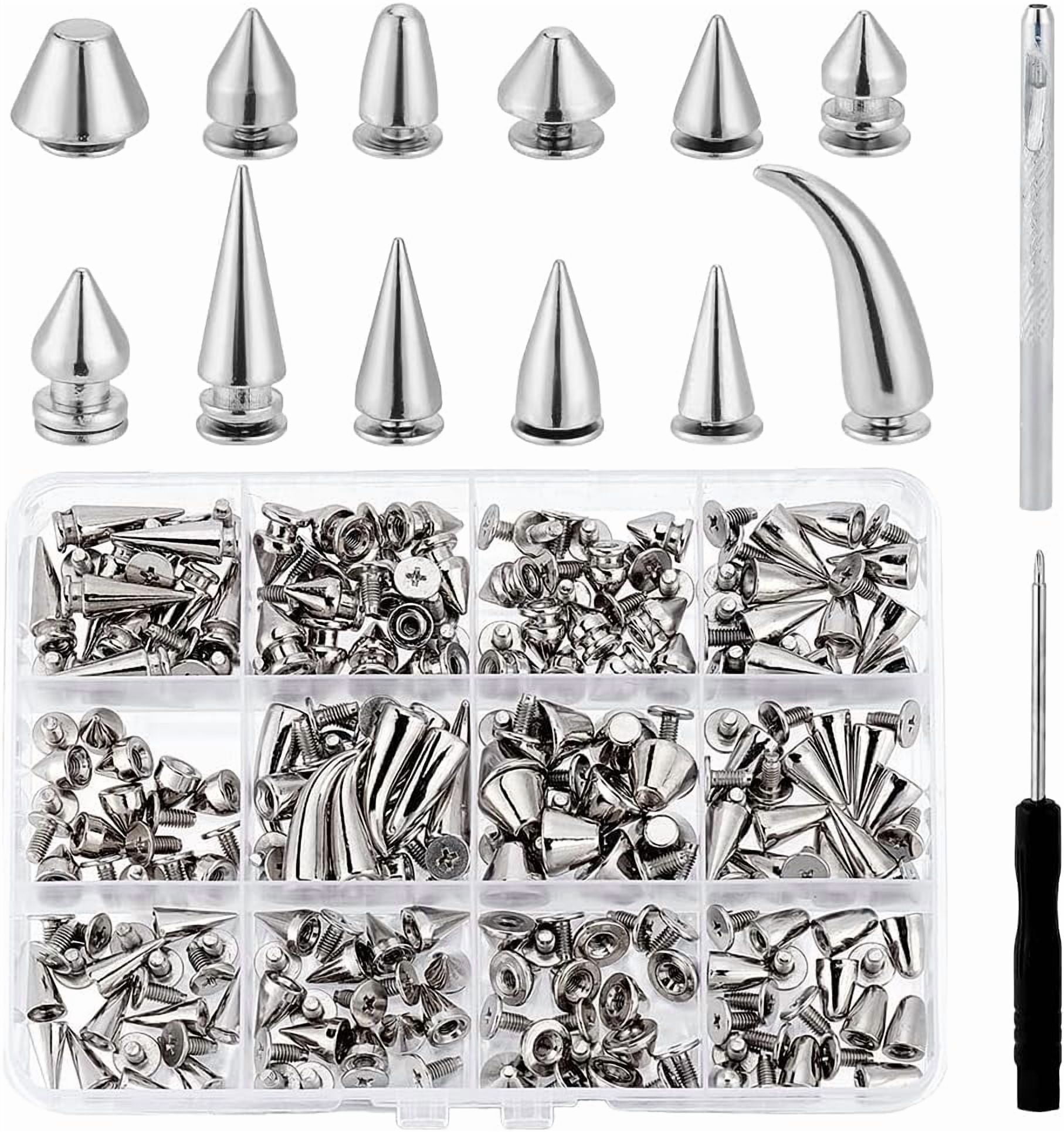 120 Sets 12 Styles Screw Back Studs and Spikes Kit Punk Spikes and Studs Gold Screw Back Cone Studs and Spikes Rivet Kit with Install Tools for Leather Craft Clothing Shoes Belts Bags Gold
