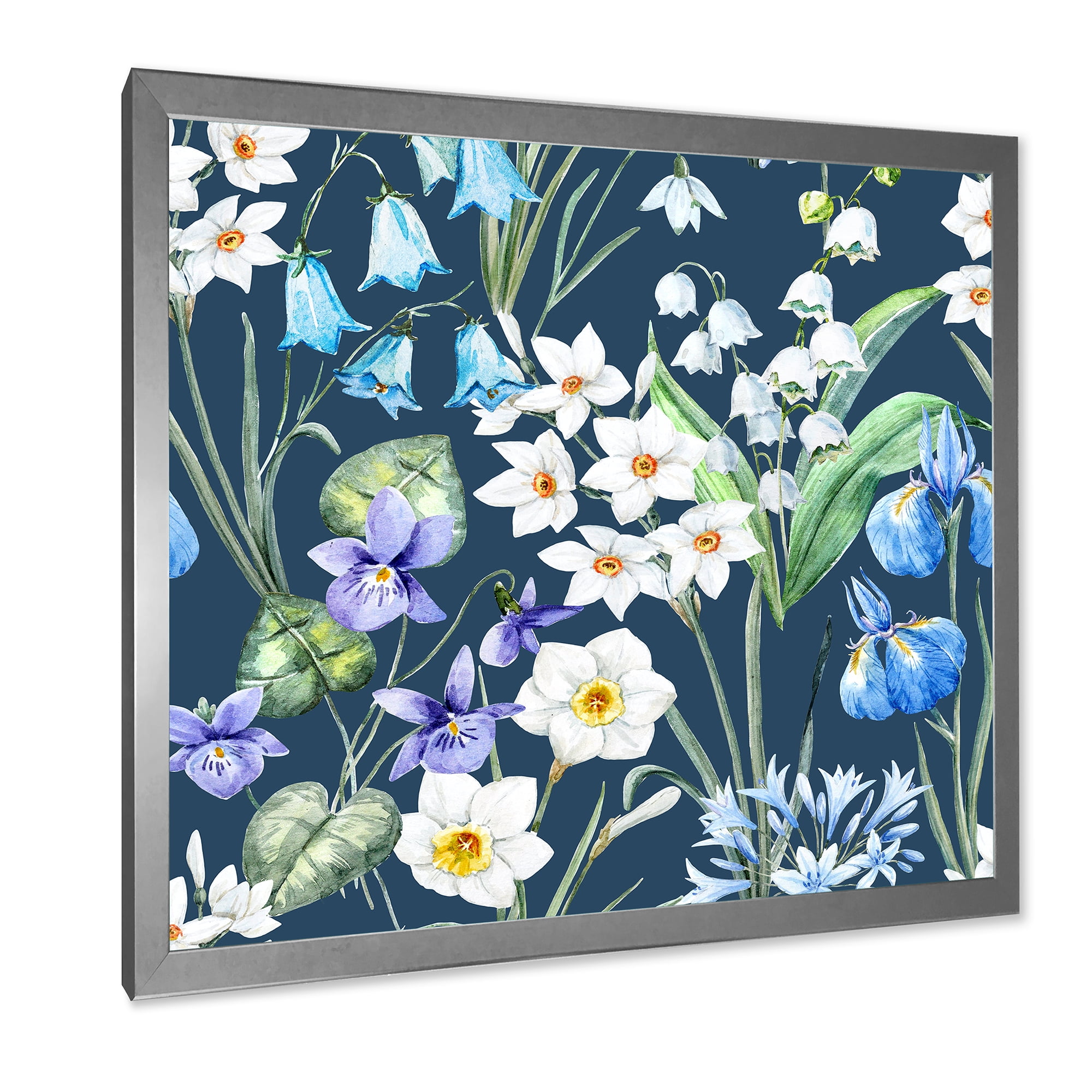 Blue and White Spring Flowers On Dark Blue 36 in x 36 in Framed Painting Canvas Art Print, by Designart