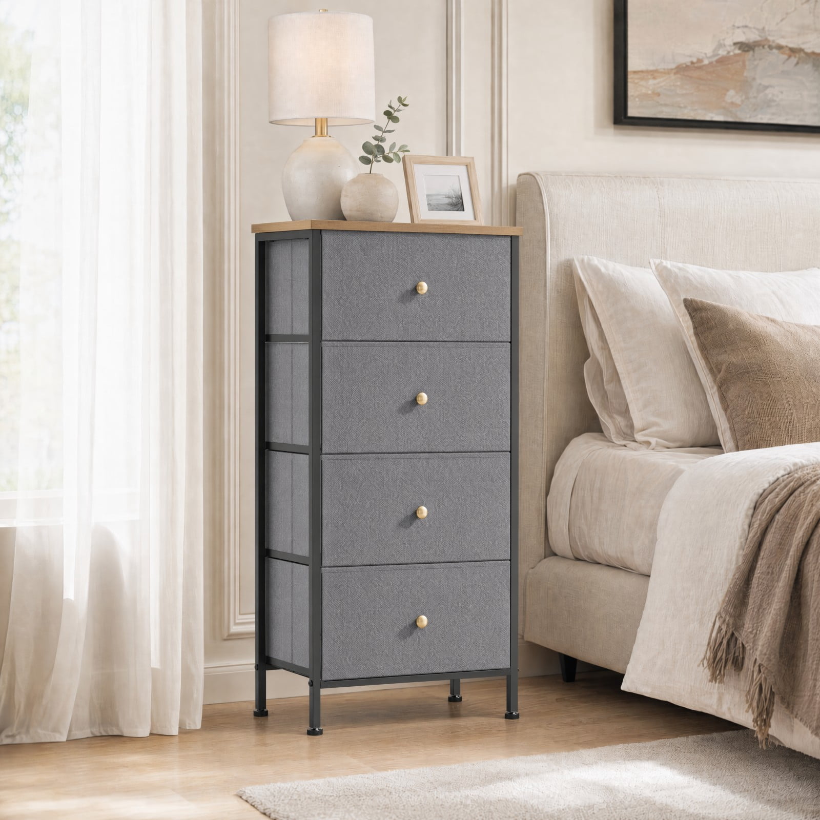 Telyra 4-Drawer Fabric Dresser 37.4" Tall Storage Tower with Wood Top and Steel Frame Narrow Organizer, Greyish Blue
