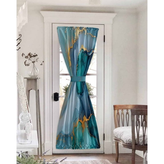 Turquoise Gold Blackout Curtains French Door Curtains for Door Window, Modern Teal Blue Marble Textured Privacy Drapery for Patio/Sidelight Doors, 1 Panel with Tieback, 25 x 72 Inches