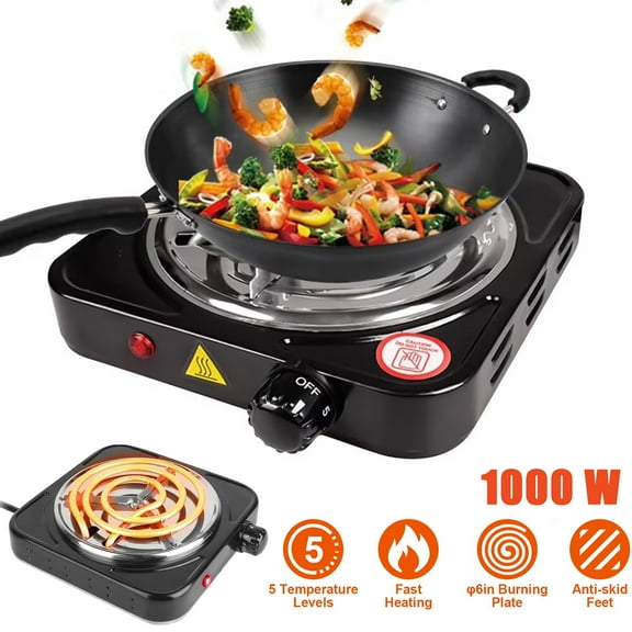 1000W Electric Single Burner, Portable Electric Hot Plate Cooktop Cookers, 5 Level Adjustable Temperature Stove Burner for Home Dorm Camping Cooking, Black