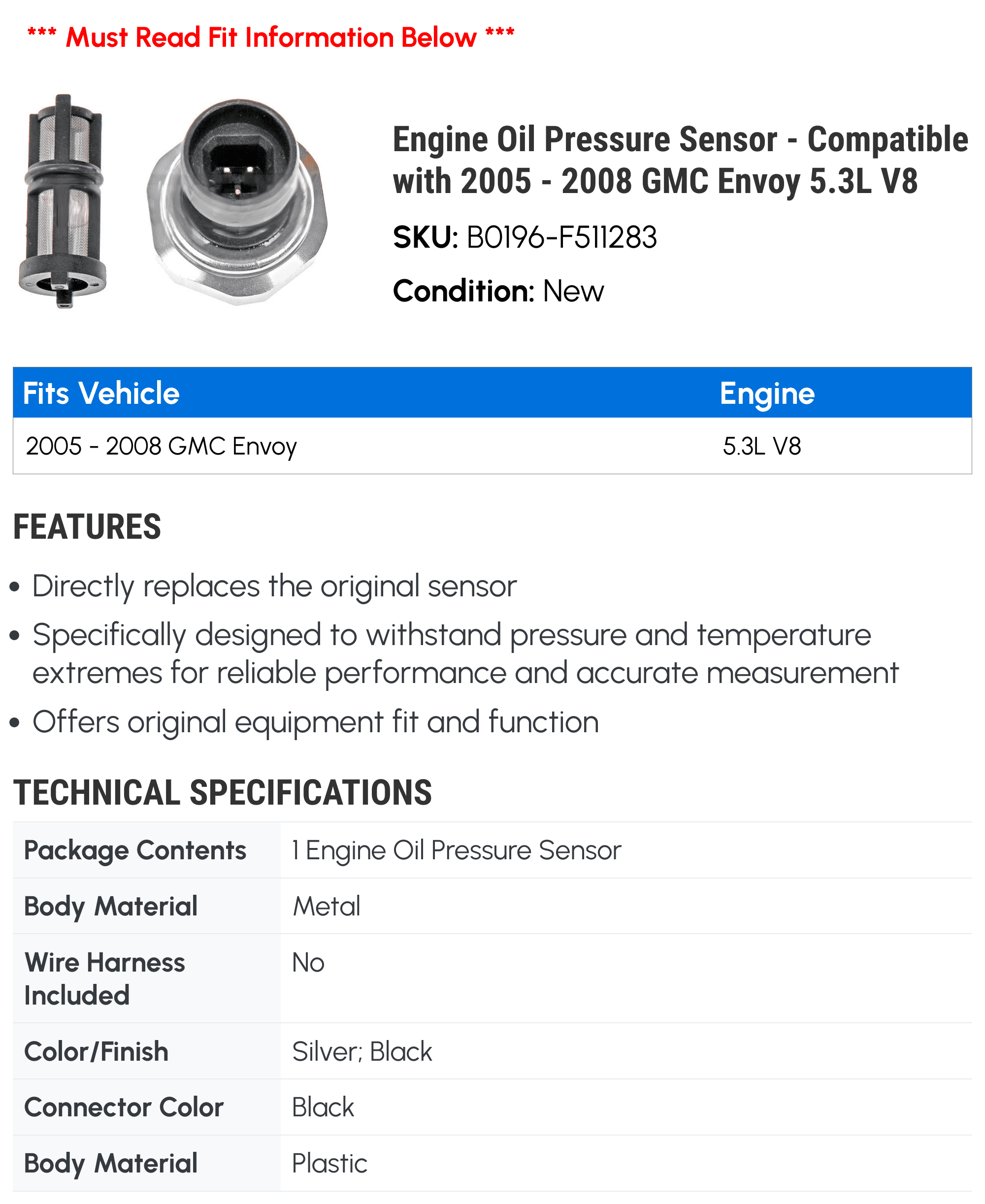Engine Oil Pressure Sensor - Compatible with 2005 - 2008 GMC Envoy 5.3L V8 - Dorman