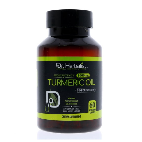 Dr. Herbalist Turmeric Oil 1600mg - 60 Capsules | Non-GMO | Fasting Absorbing | Vegetarian | Cold-Pressed | High Potency