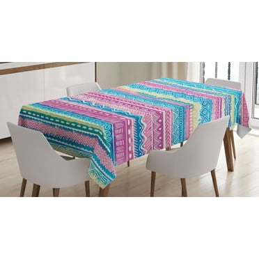 Ambesonne Tribal Tablecloth Rectangular Table Cover, Watercolor Aztec Stripes, 60"x90", Blue Pink Cream