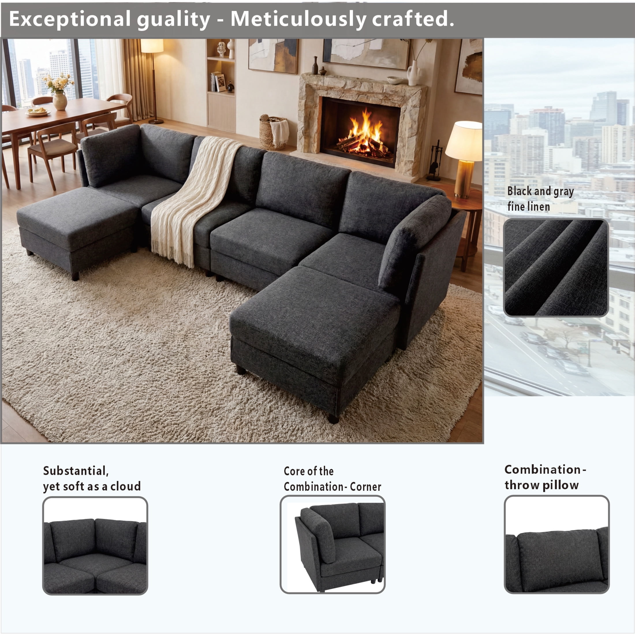 Noble House Modern 6-Seat Modular Sectional Sofa with Convertible Ottoman, Dark Gray