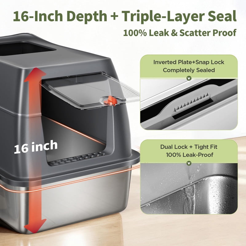 Gimars XL 3-in-1 Stainless Steel Litter Box with Lid, Dual Top and Front Entry, 16in High Wall Design for Kittens and Large Cats