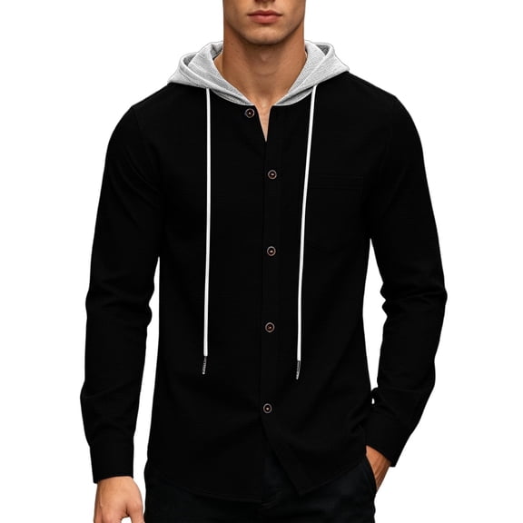 QSXADF Men's Shirt Jacket Casual Hooded Long Sleeve Button Down Pocketed Relaxed Coat