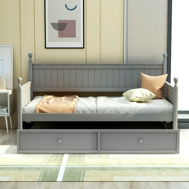 Kepooman Twin Size Modern Wooden Daybed Frame with Twin Size Trundle & Headboard for Bedroom Dorm, 80.5" x 42.1" x 45.41", Gray