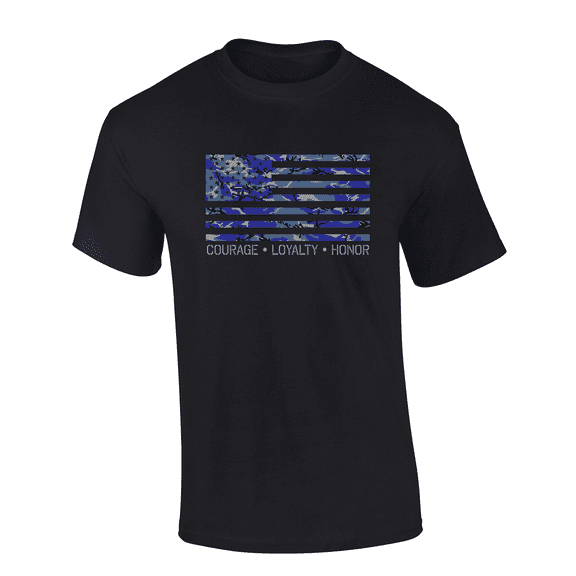 Trenz Shirt Company American Blue Camo Flag: Courage, Loyalty, Honor Short Sleeve Mens Graphic T-Shirt-Black-small