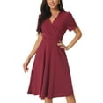 thumbnail image 1 of INSPIRE CHIC Robe Midi Évasée d'Été pour Femmes à Manches Courtes Bouffantes avec Poches, Col en V, Rouge Vin, 1 of 6