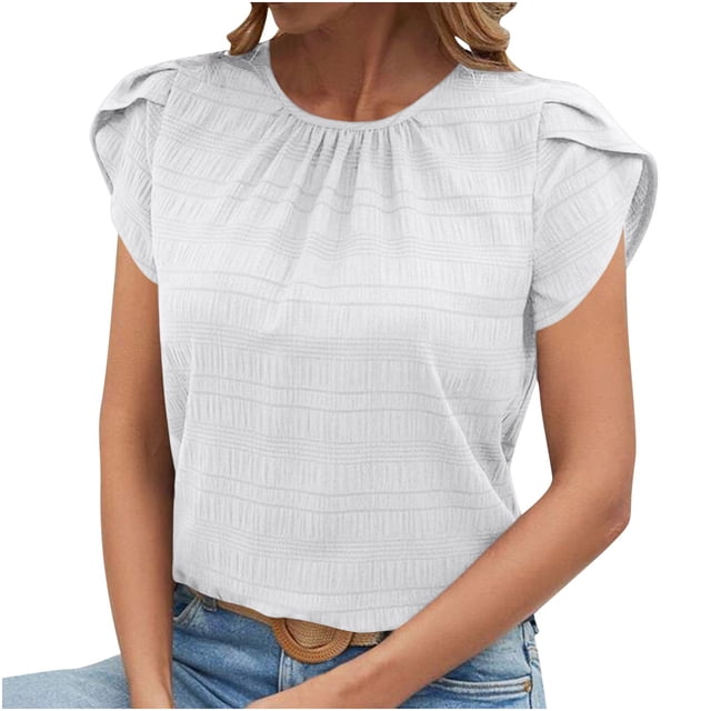 Tnhcen Blouses en Mousseline Unies à Col Rond pour Femmes / Chemises à Manches Pétales à Manches Courtes P-2TG / Hauts Élégants