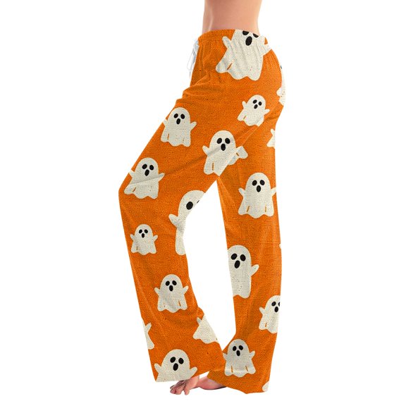 IYYVV Halloween Pajama Pants for Women Stretch Drawstring Lounge Pants Casual Pumpkin Printed Wide Leg Pjs Bottoms Saffron 2XL