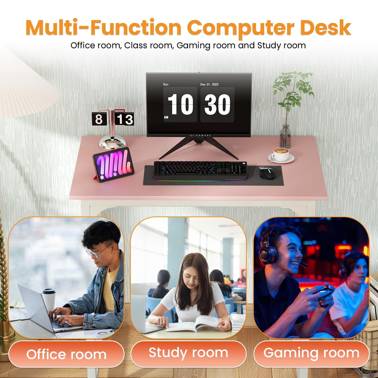 32 inch Computer Desk, Study Writing Table for Small Space, Save Space Office Desk with Metal Legs, Modern Steel Frame Wood PC Workstation for Home Office, Pink