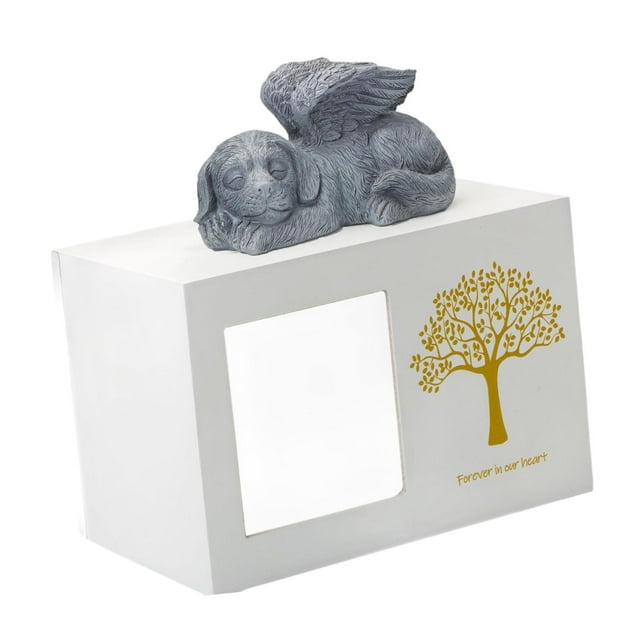 Almencla Dog Cremation Urn with Angel Dog Statue with Photo Frame Lightweight Multipurpose Hand Crafted Memory Box Small Animal Urn White