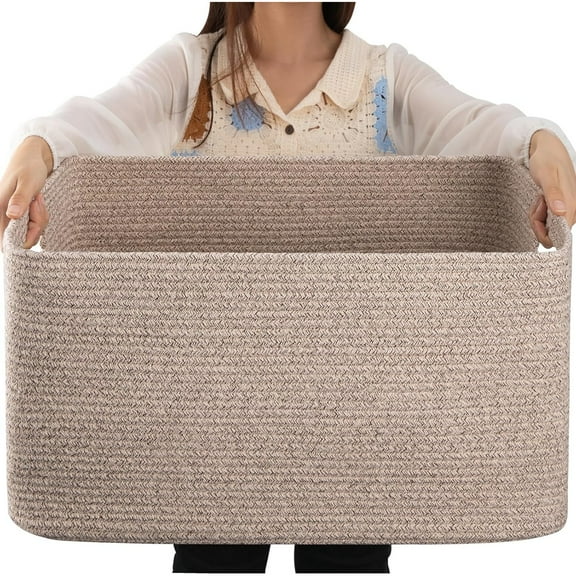 75L Large Woven Cotton Rope Storage Basket with Handle for Organizing Blanket and Toys for Living Room, Nursery, Brown Variegated 22”x17”x12”