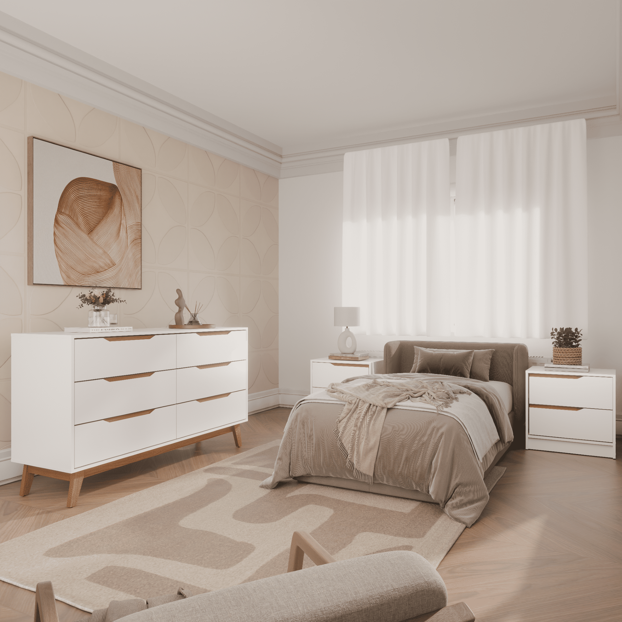 Kappesberg Bedroom Furniture Set with 6-Drawer Dresser and 2 Nightstands White – Modern Storage Combo