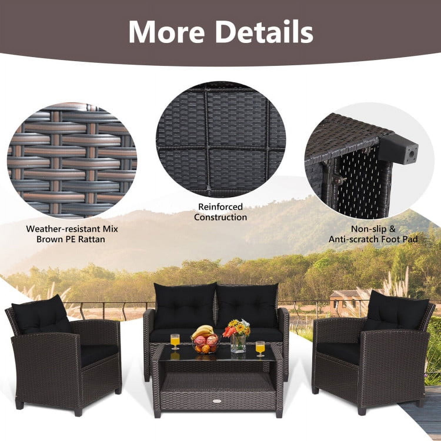 Aimee Lii 4 Pieces Wicker Patio Furniture Set with Tempered Glass Coffee Table, Wicker Outdoor Sectional, Black Aimee Lii 4 Pieces Wicker Patio Furniture Set with Tempered Glass Coffee Table, Wicker Outdoor Sectional, Black