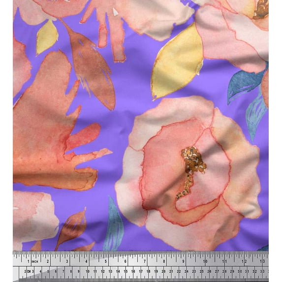 Soimoi Purple Cotton Voile Fabric Leaves & Floral Printed Fabric 1 Yard 56 Inch Wide